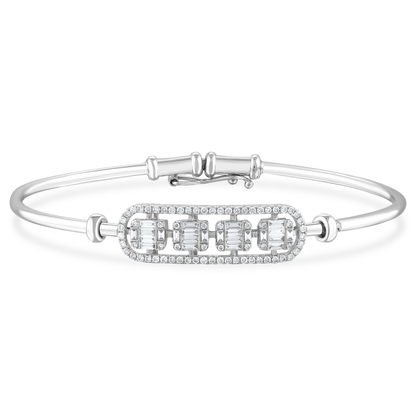 Natural diamond baguette bar hinged bangle bracelet in 18K solid white gold, front view