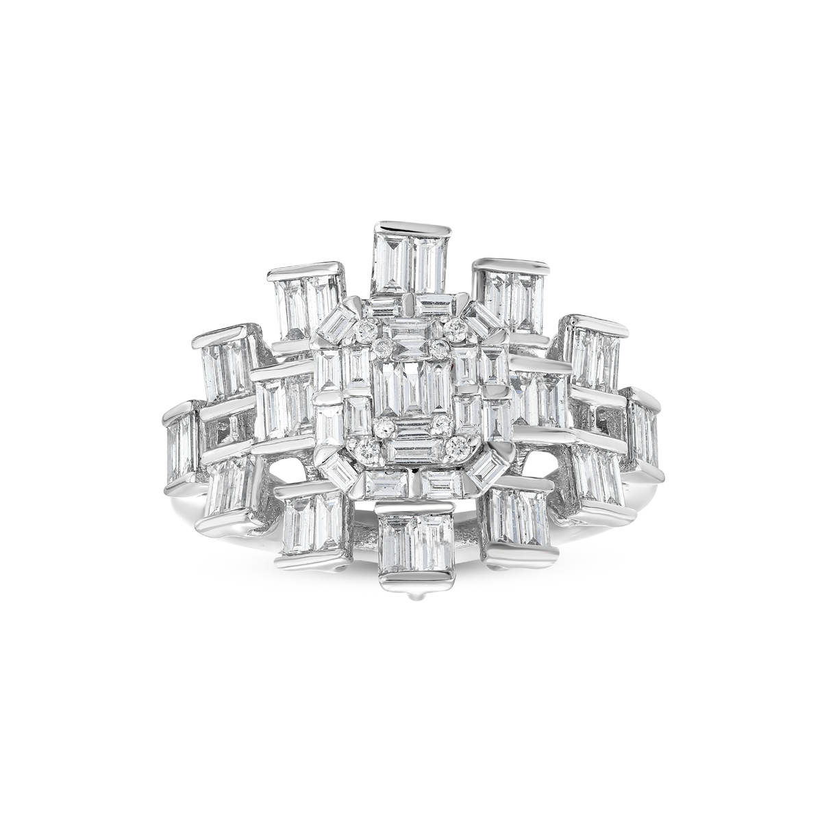 1.06 ct natural diamond baguette cluster cocktail ring in 14K white gold, front view of the emerald-look centre and baguette starburst
