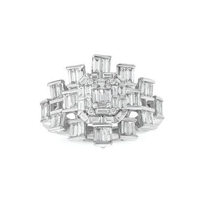 1.06 ct natural diamond baguette cluster cocktail ring in 14K white gold, front view of the emerald-look centre and baguette starburst