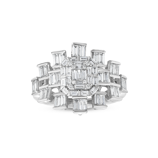 1.06 ct natural diamond baguette cluster cocktail ring in 14K white gold, front view of the emerald-look centre and baguette starburst