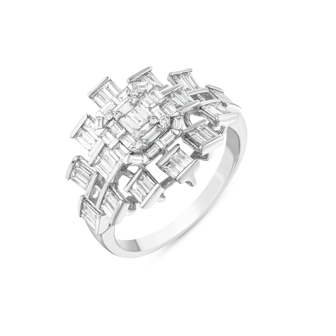 Natural diamond baguette cluster cocktail ring in 14K white gold, angled view of the raised baguette boxes and plain band