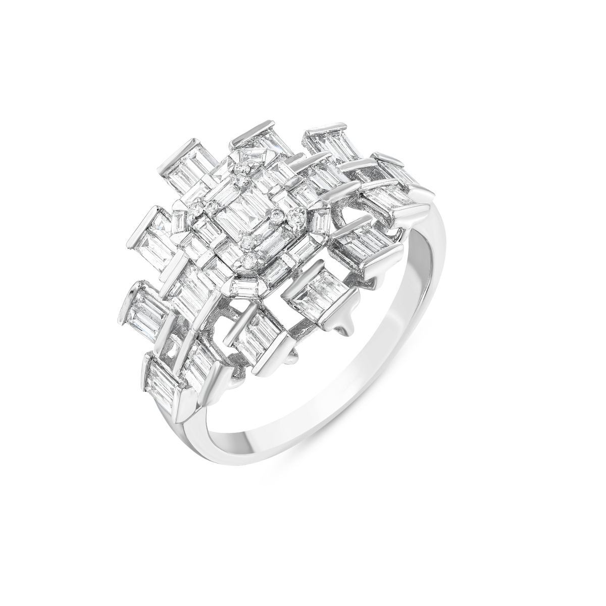 Natural diamond baguette cluster cocktail ring in 14K white gold, angled view of the raised baguette boxes and plain band