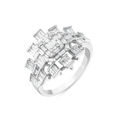Natural diamond baguette cluster cocktail ring in 14K white gold, angled view of the raised baguette boxes and plain band