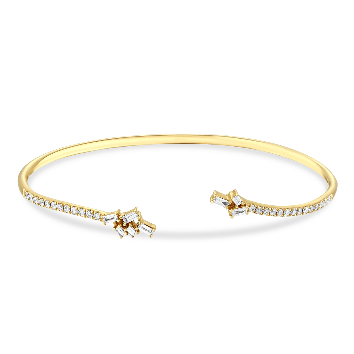 Natural diamond baguette cluster open cuff bracelet in 18K solid yellow gold, front view