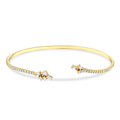 Natural diamond baguette cluster open cuff bracelet in 18K solid yellow gold, front view