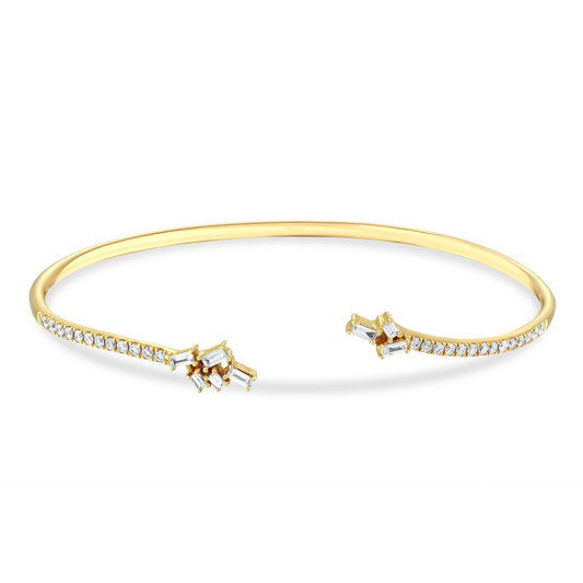 Natural diamond baguette cluster open cuff bracelet in 18K solid yellow gold, front view