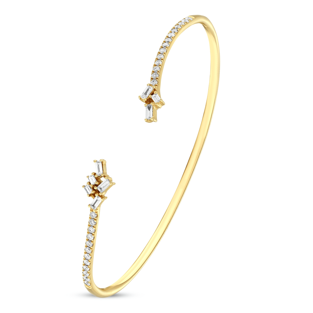 18K yellow gold open cuff bracelet with natural baguette and round diamonds, angled view