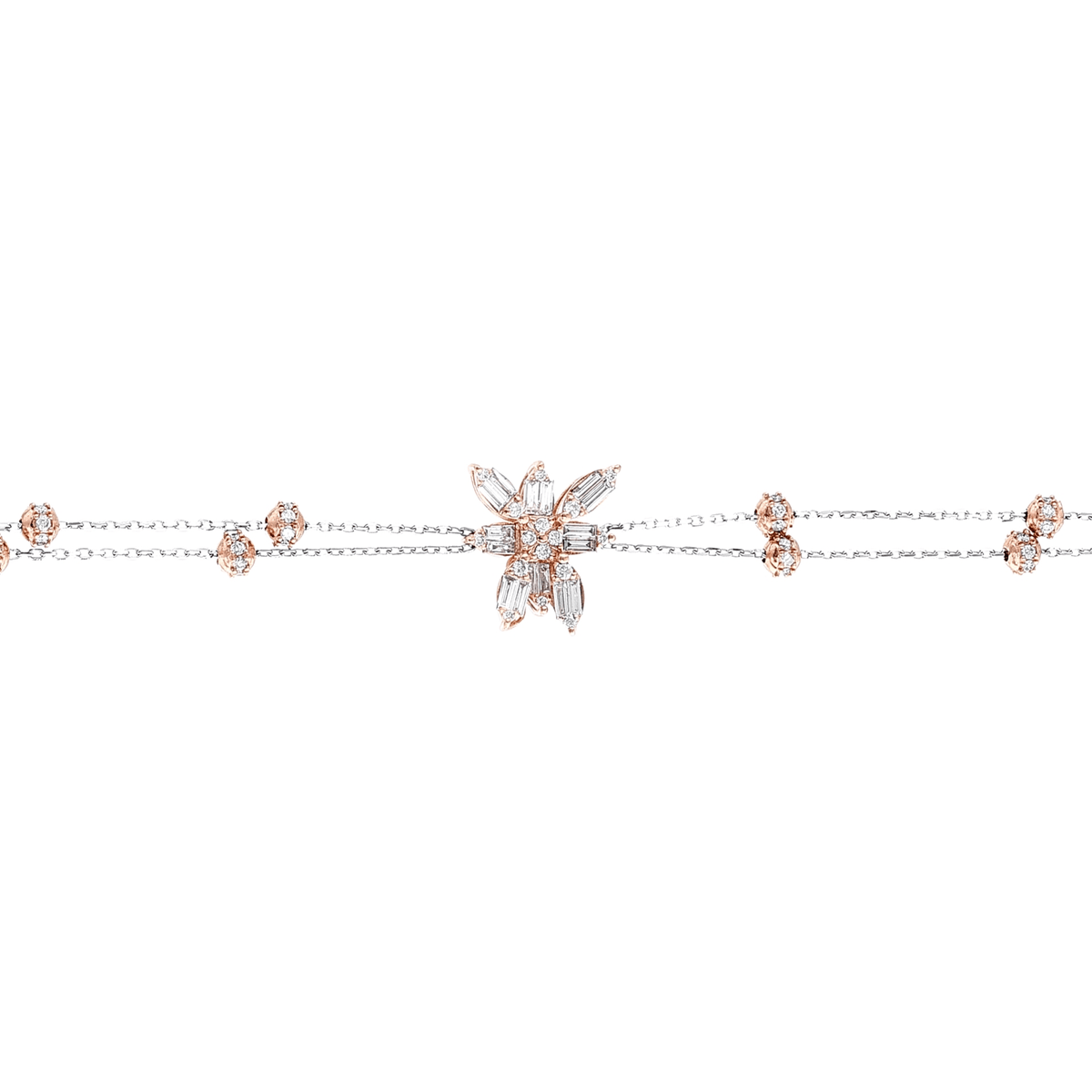 1.01 ct tw natural diamond baguette flower double chain bracelet in 14K rose and white gold, the rose-gold flower and diamond beads up close