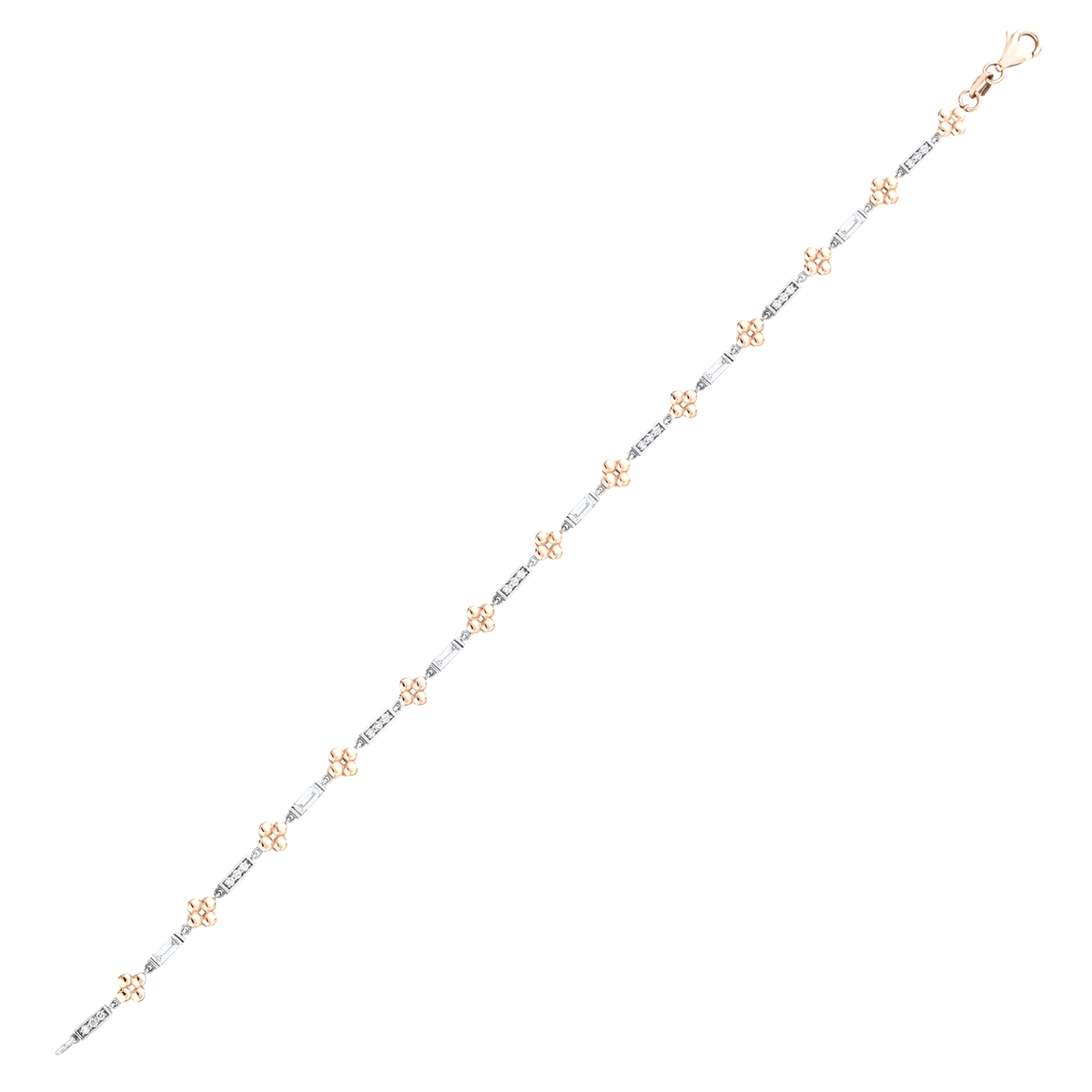 Natural diamond baguette and flower station bracelet in 14K white and rose gold, full length with rose-gold lobster clasp