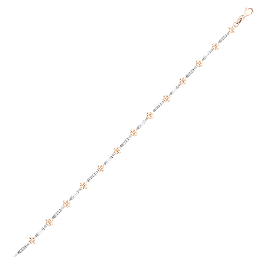 Natural diamond baguette and flower station bracelet in 14K white and rose gold, full length with rose-gold lobster clasp