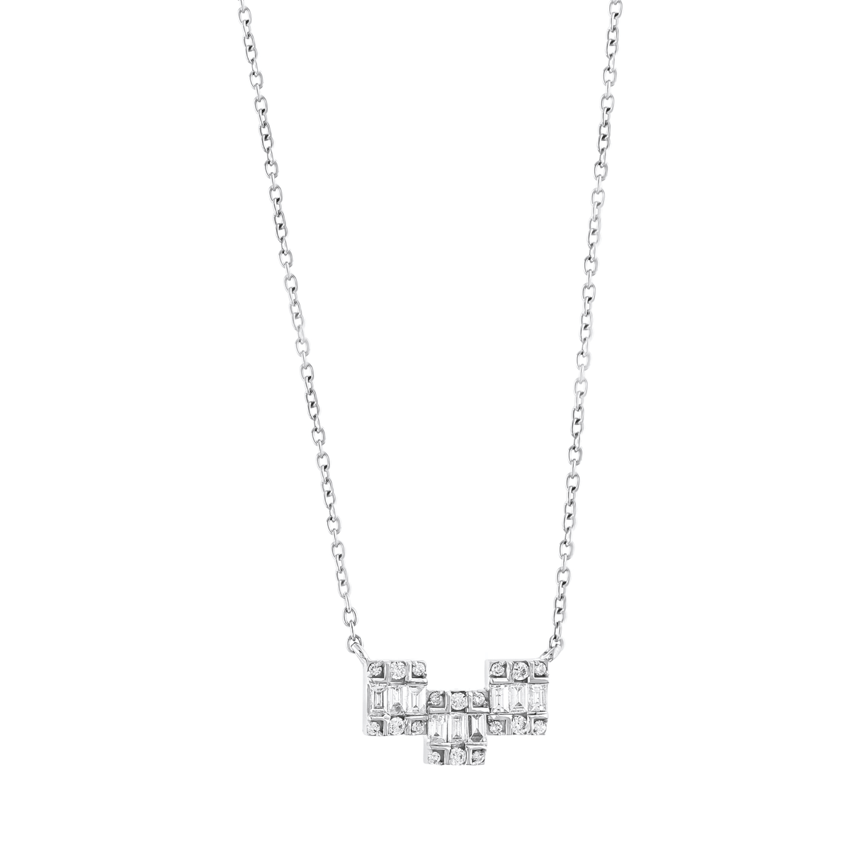 0.35 ct tw natural diamond baguette geometric bar necklace in 18K white gold, front view on white