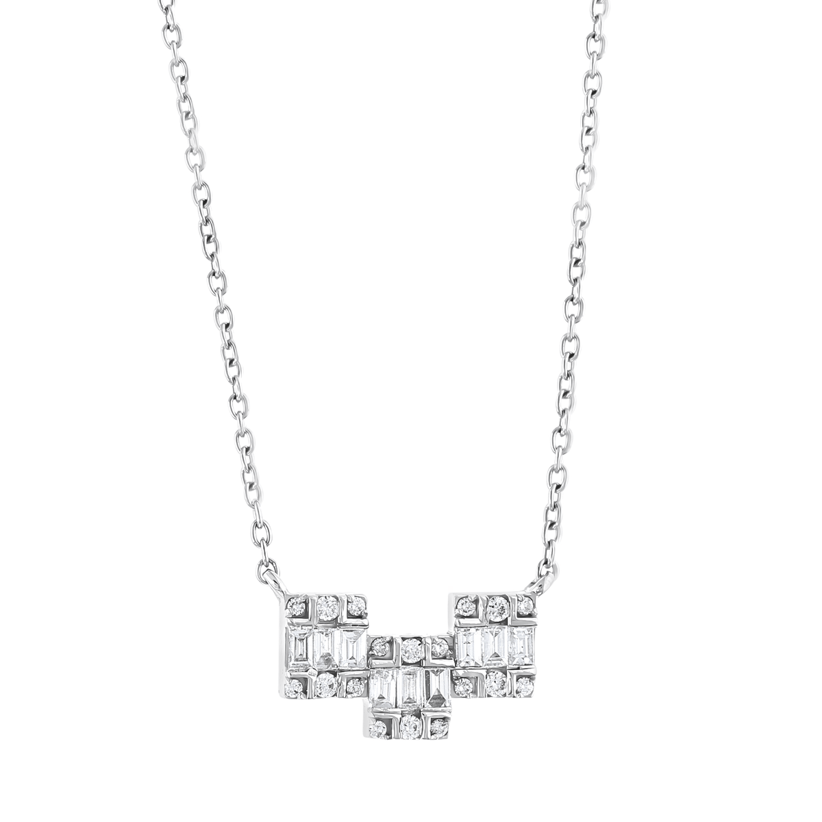 Close-up of the three stepped blocks of baguette and round natural diamonds in 18K white gold