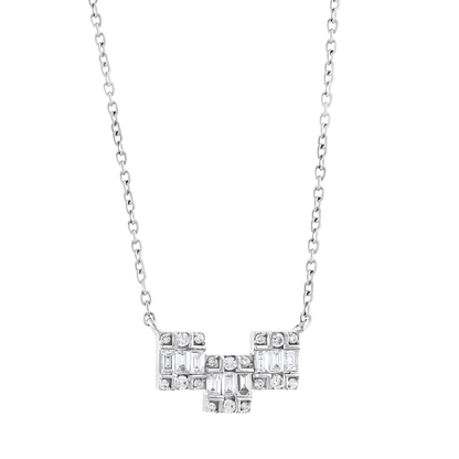 Close-up of the three stepped blocks of baguette and round natural diamonds in 18K white gold
