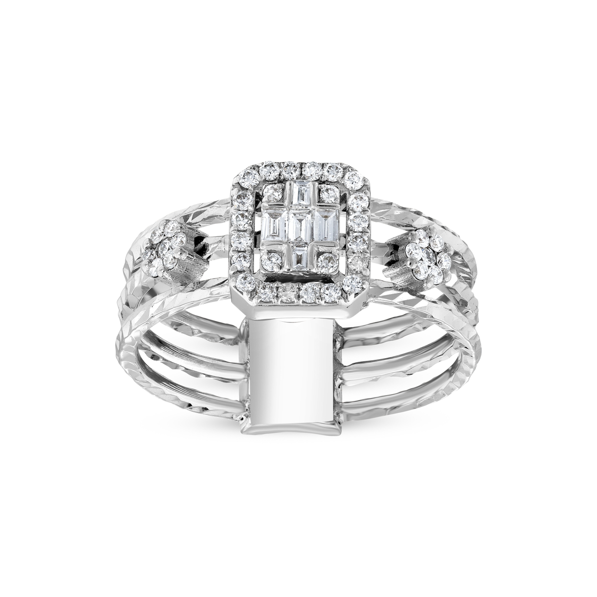 0.43 ct natural diamond baguette halo ring with a triple band in 18K white gold, front view