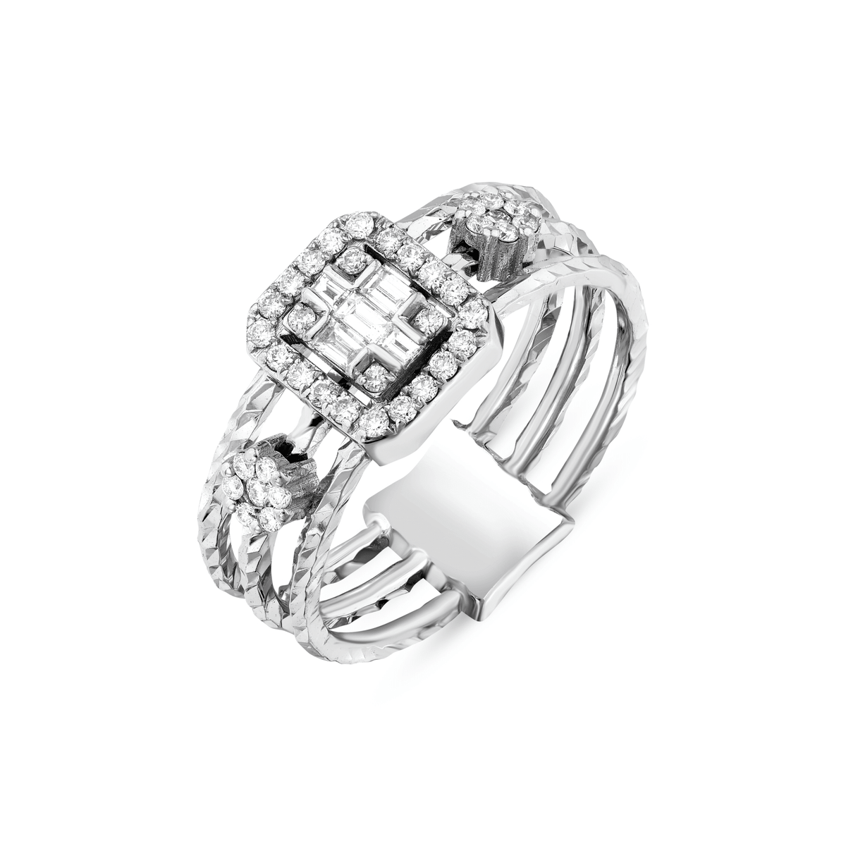 Natural diamond baguette halo ring in 18K white gold from a three-quarter angle, showing the triple diamond-cut band
