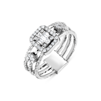Natural diamond baguette halo ring in 18K white gold from a three-quarter angle, showing the triple diamond-cut band
