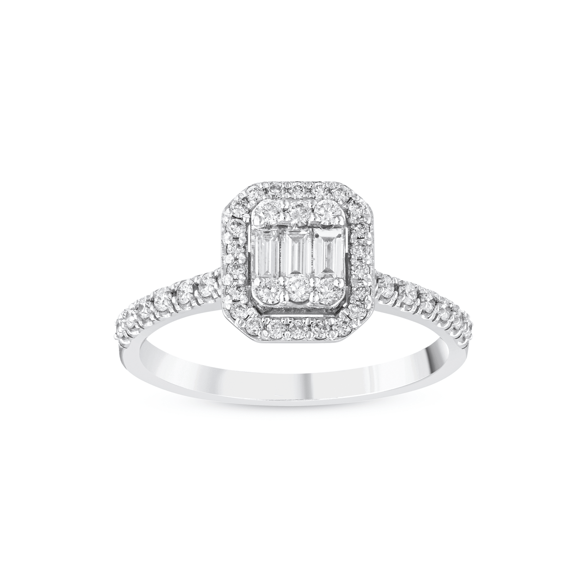 0.43 ct tw natural diamond baguette illusion halo ring in 14K white gold, front view of the three-baguette centre, cut-corner halo and pavé shoulders