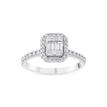 0.43 ct tw natural diamond baguette illusion halo ring in 14K white gold, front view of the three-baguette centre, cut-corner halo and pavé shoulders