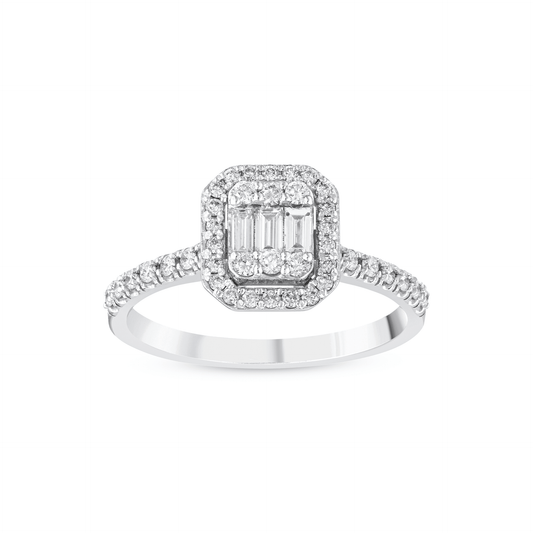 0.43 ct tw natural diamond baguette illusion halo ring in 14K white gold, front view of the three-baguette centre, cut-corner halo and pavé shoulders
