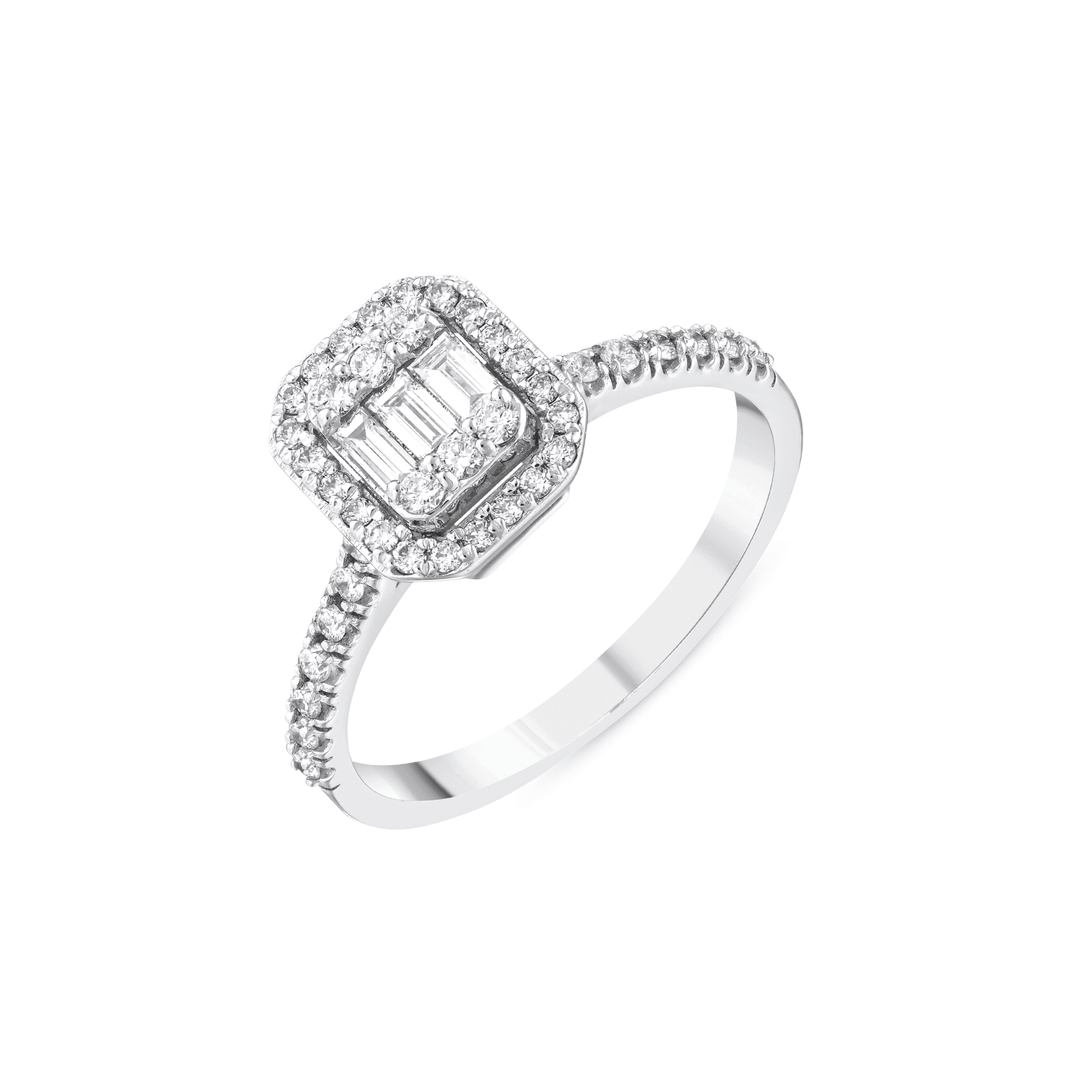 Natural diamond baguette illusion halo ring in 14K white gold, three-quarter view of the halo and pavé band