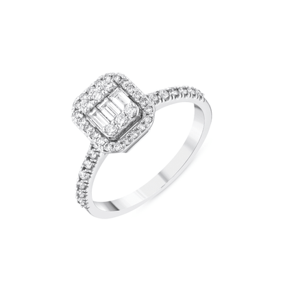 Natural diamond baguette illusion halo ring in 14K white gold, three-quarter view of the halo and pavé band