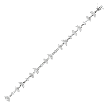 Natural diamond baguette marquise cluster bracelet in 14K white gold, full bracelet with box clasp on white