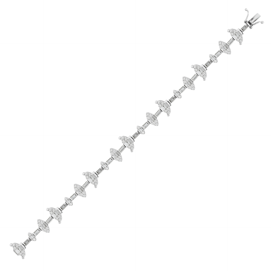 Natural diamond baguette marquise cluster bracelet in 14K white gold, full bracelet with box clasp on white