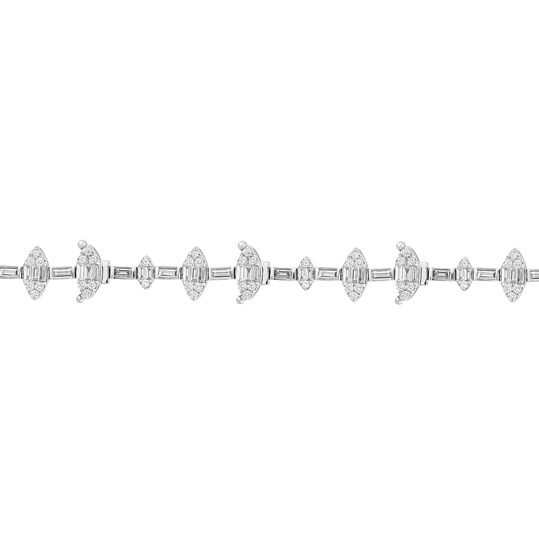 Close-up of the white-gold marquise clusters of baguette and round natural diamonds with baguette links