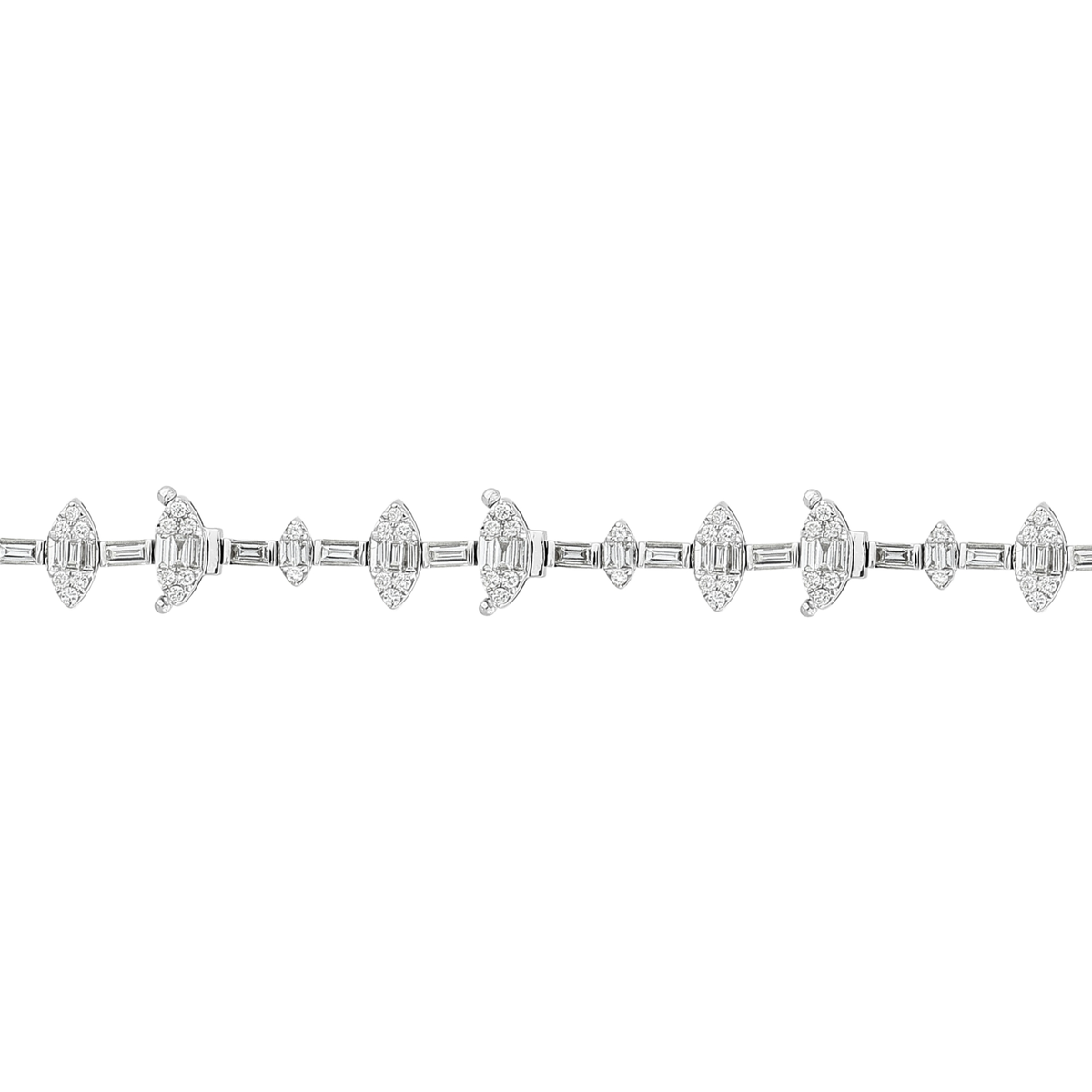 Close-up of the white-gold marquise clusters of baguette and round natural diamonds with baguette links