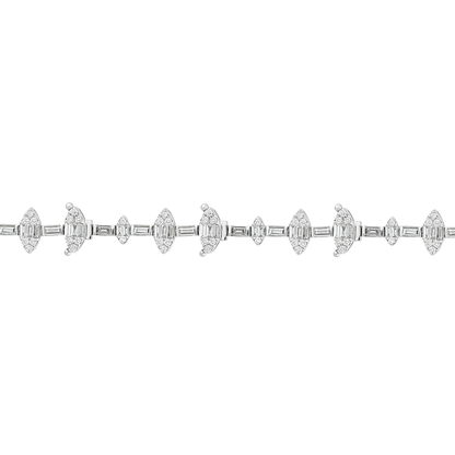 Close-up of the white-gold marquise clusters of baguette and round natural diamonds with baguette links
