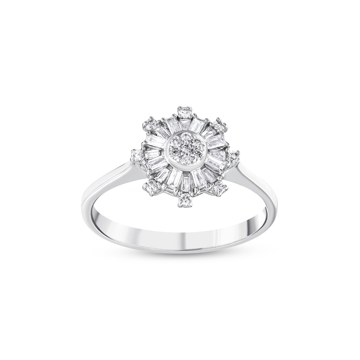 Baguette natural diamond snowflake ring in 14K white gold, front view