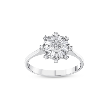 Baguette natural diamond snowflake ring in 14K white gold, front view