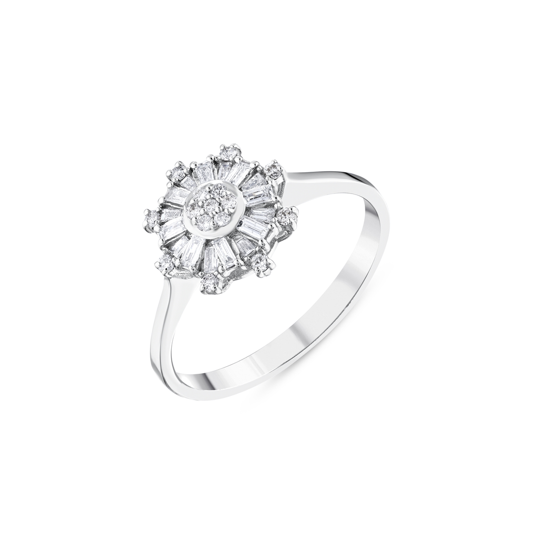 Natural diamond snowflake ring in 14K white gold from a three-quarter angle, showing the slim plain band