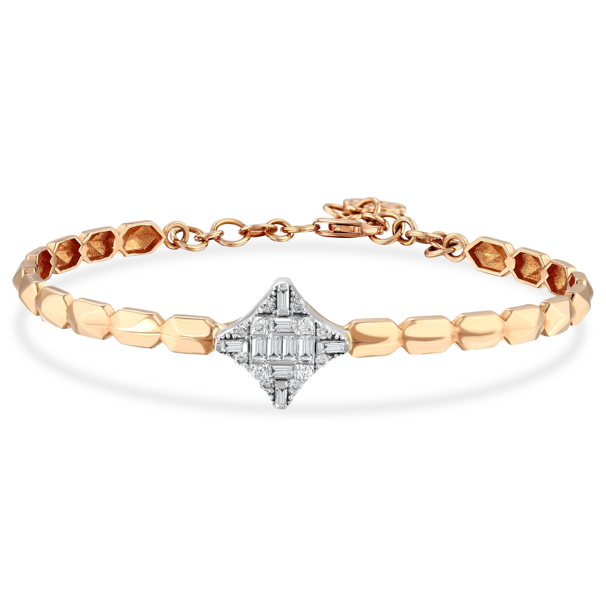 Natural diamond baguette star bracelet in 14K rose and white gold, front view on white