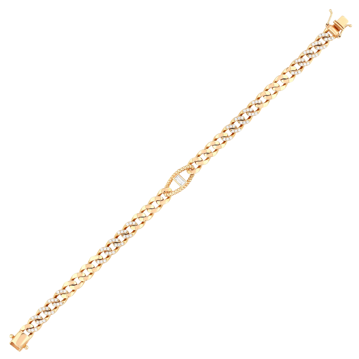 Natural diamond baguette station curb chain bracelet in 14K solid rose gold, laid out in full on white