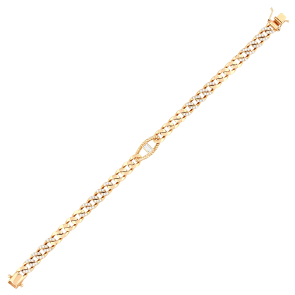 Natural diamond baguette station curb chain bracelet in 14K solid rose gold, laid out in full on white