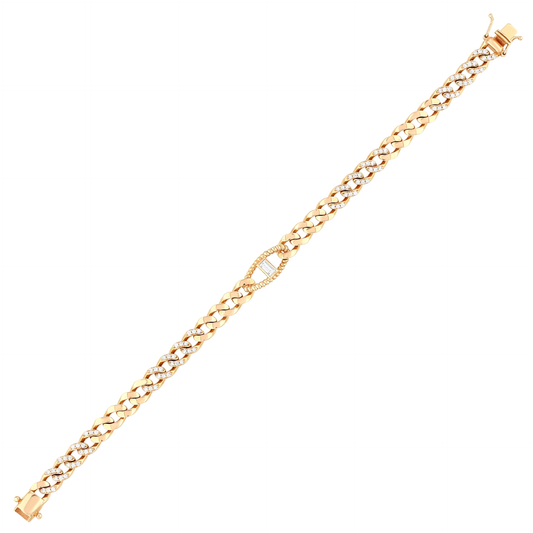 Natural diamond baguette station curb chain bracelet in 14K solid rose gold, laid out in full on white