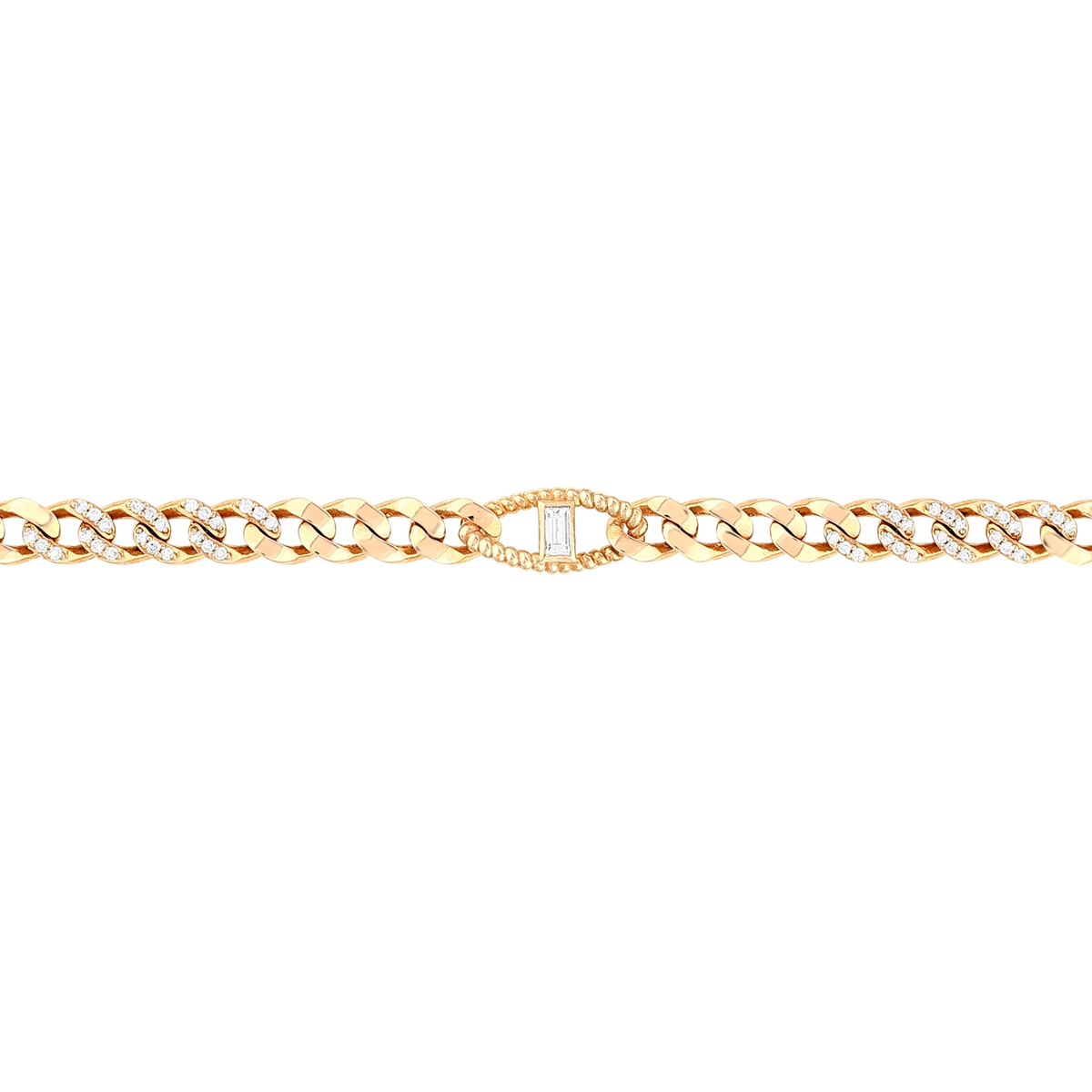 Close-up of the rope-wire centre with one baguette diamond and pavé curb links in 14K rose gold