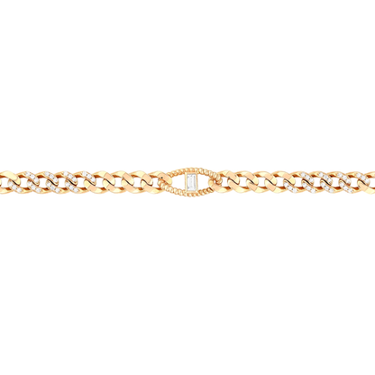 Close-up of the rope-wire centre with one baguette diamond and pavé curb links in 14K rose gold