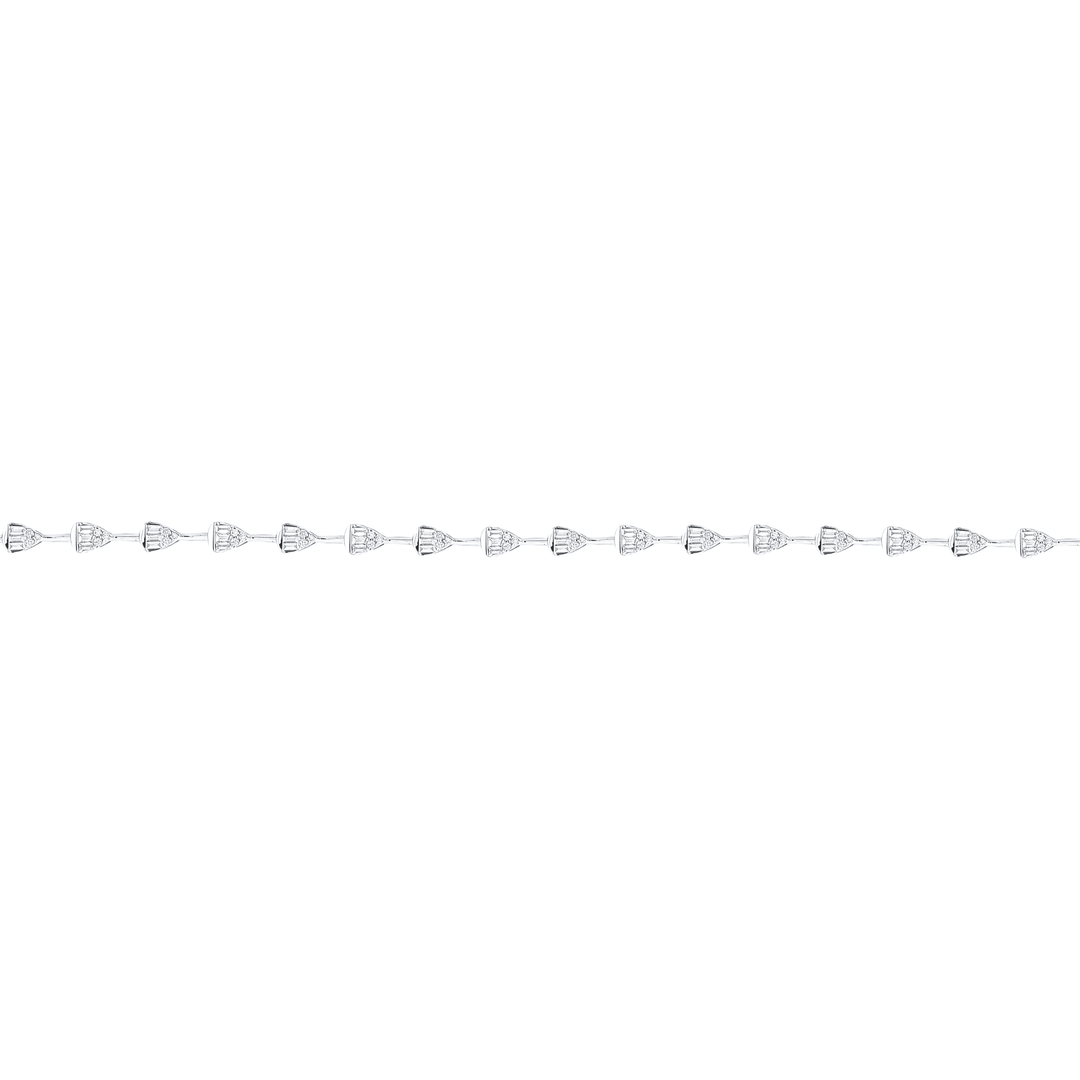 Natural diamond teardrop stations up close: three baguettes and three round diamonds in each, on polished 14K white gold bars