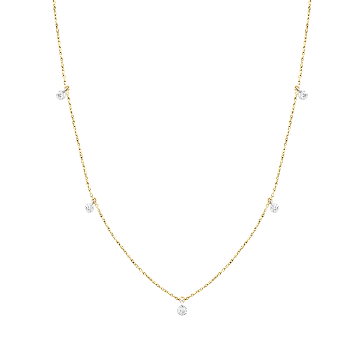 Natural diamond bezel drop station necklace in 14K solid yellow and white gold: five bezel-set diamonds on a fine yellow-gold chain