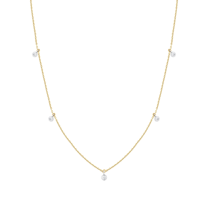 Natural diamond bezel drop station necklace in 14K solid yellow and white gold: five bezel-set diamonds on a fine yellow-gold chain