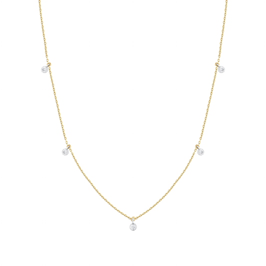 Natural diamond bezel drop station necklace in 14K solid yellow and white gold: five bezel-set diamonds on a fine yellow-gold chain