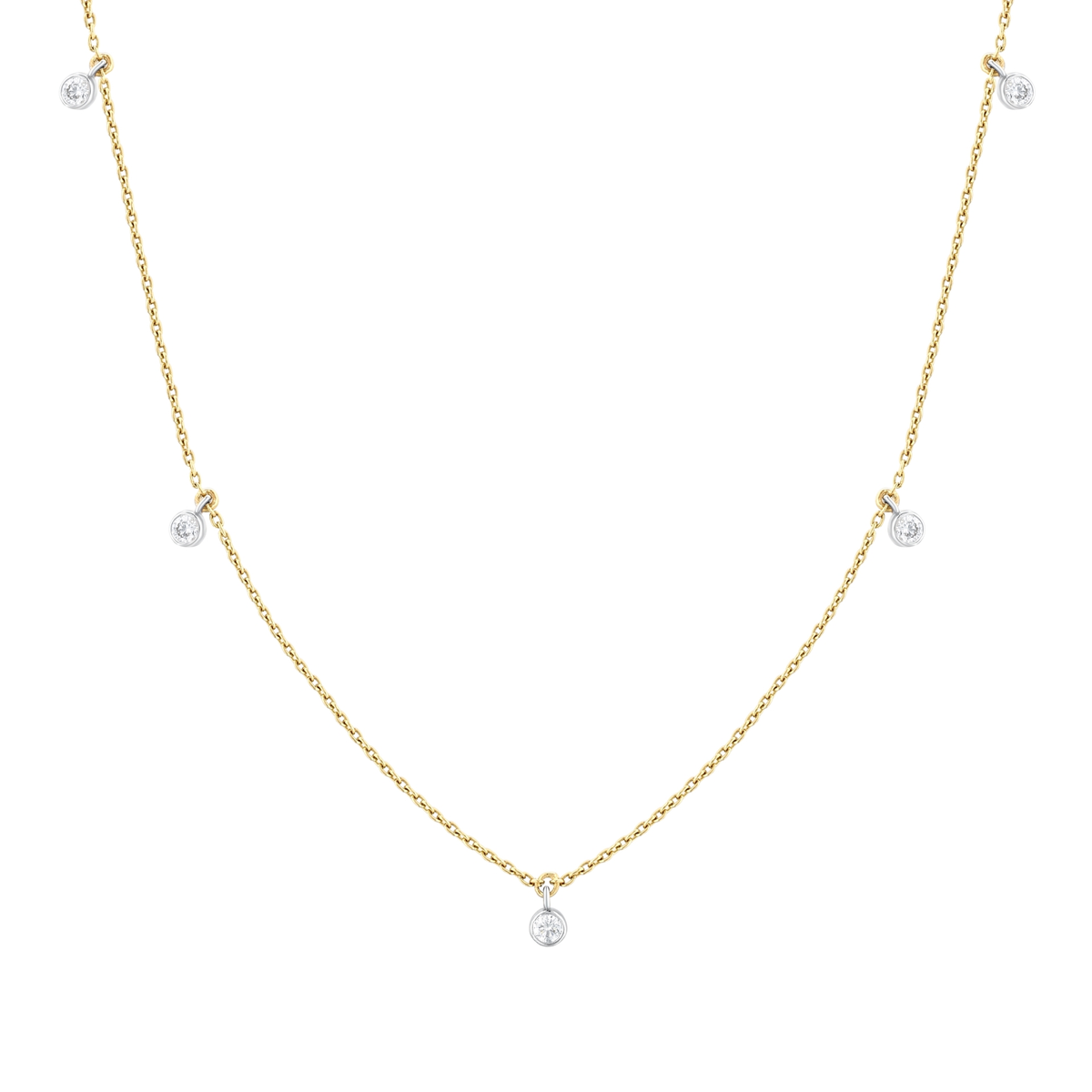 Close view of five natural diamonds in white-gold bezels on a 14K yellow-gold cable chain
