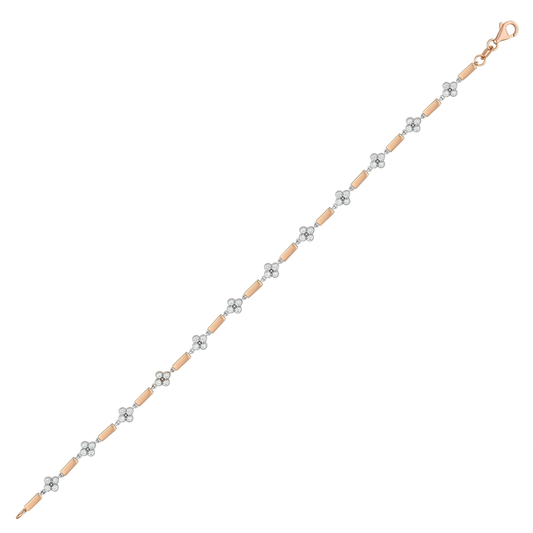 0.59 ct natural diamond clover station bracelet in 14K rose gold with white-gold four-diamond clovers, full length with lobster clasp