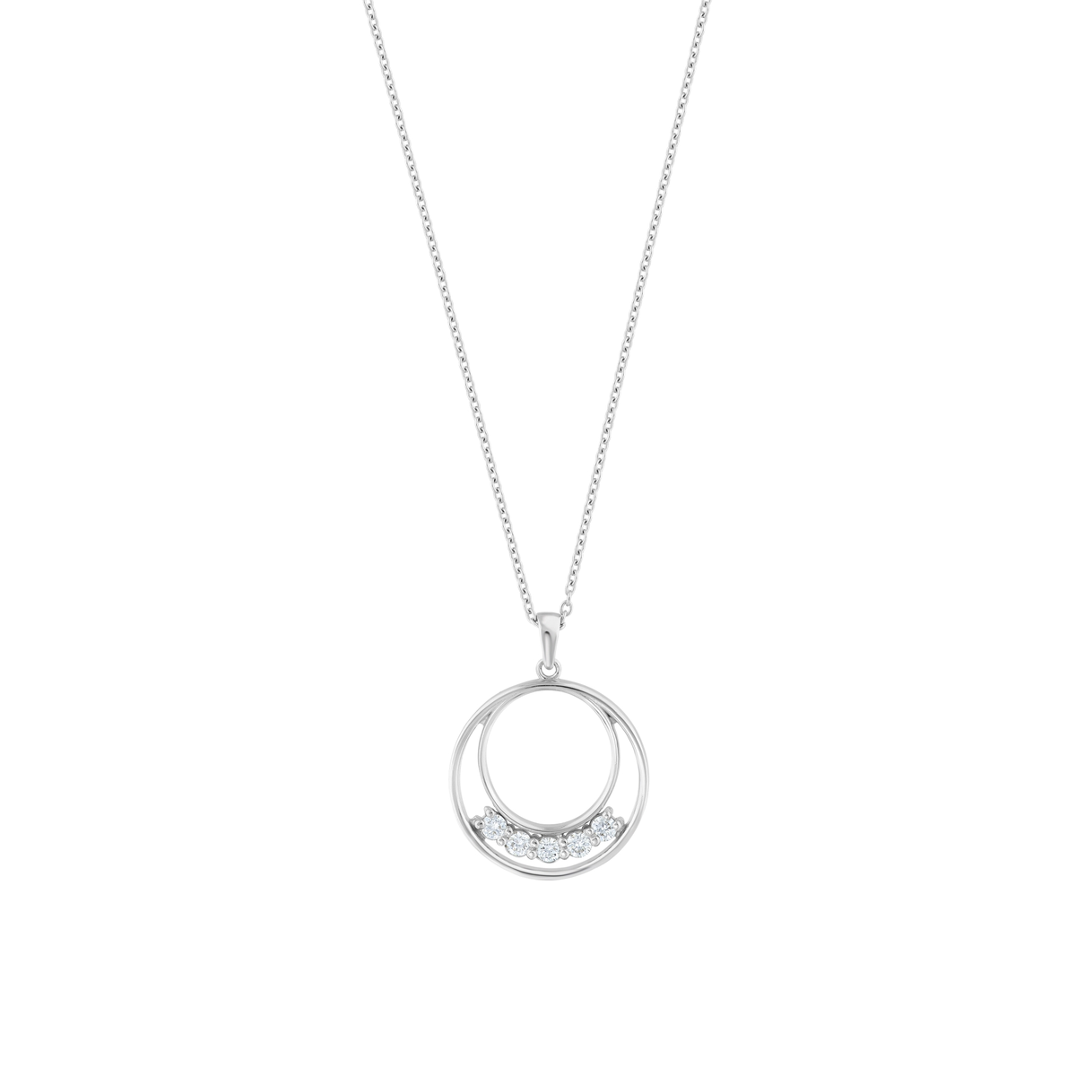 Natural diamond double circle pendant necklace in 14K white gold on a fine cable chain, front view