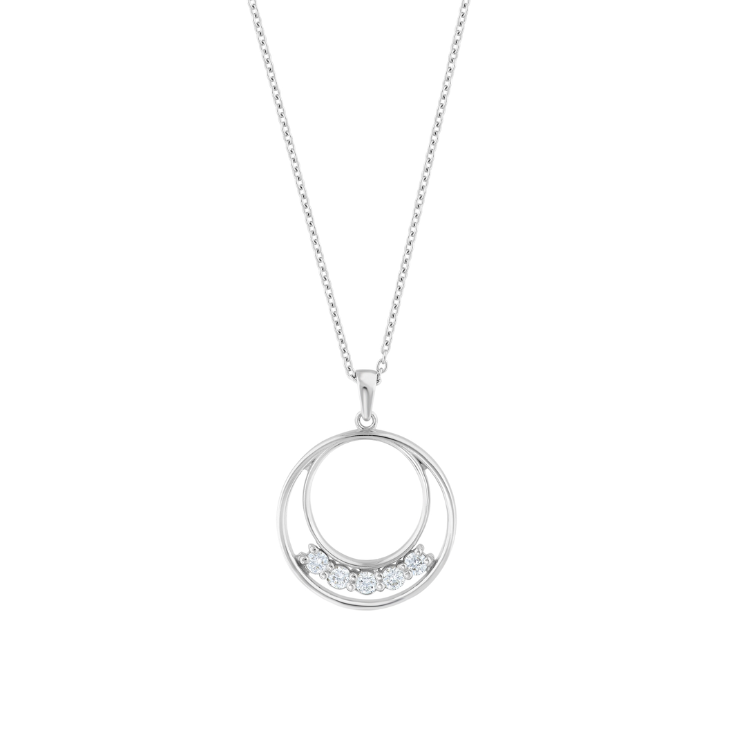 Close-up of the double circle pendant with five natural diamonds in 14K white gold
