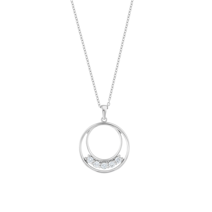 Close-up of the double circle pendant with five natural diamonds in 14K white gold