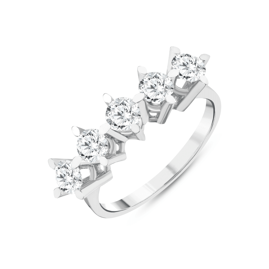 Natural diamond five-stone crown ring in 14K white gold, angled view of the raised claw baskets