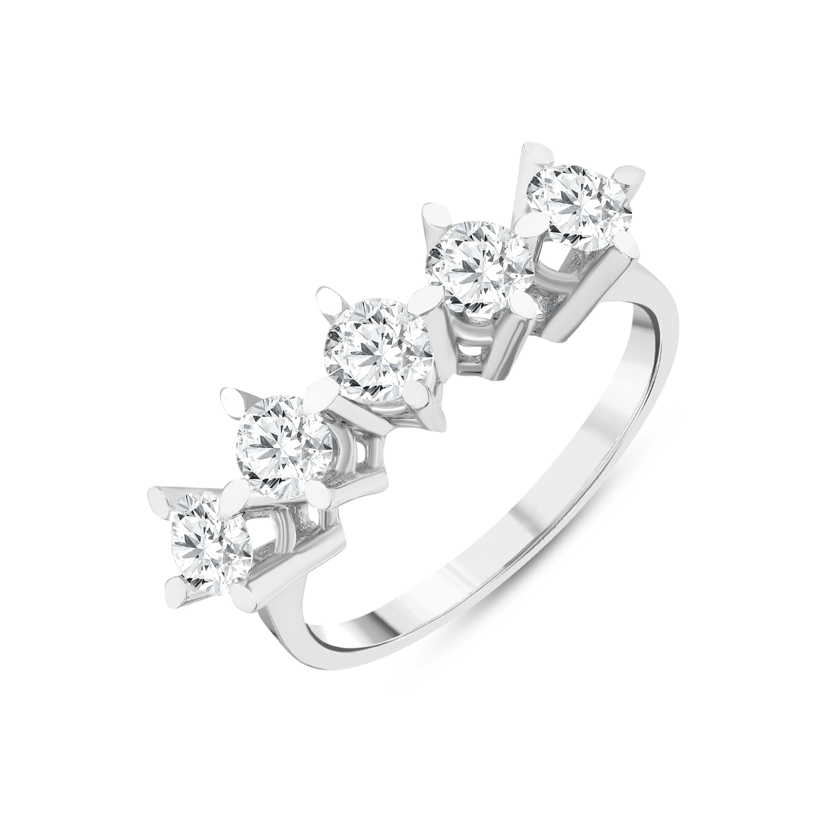 Natural diamond five-stone crown ring in 14K white gold, angled view of the raised claw baskets